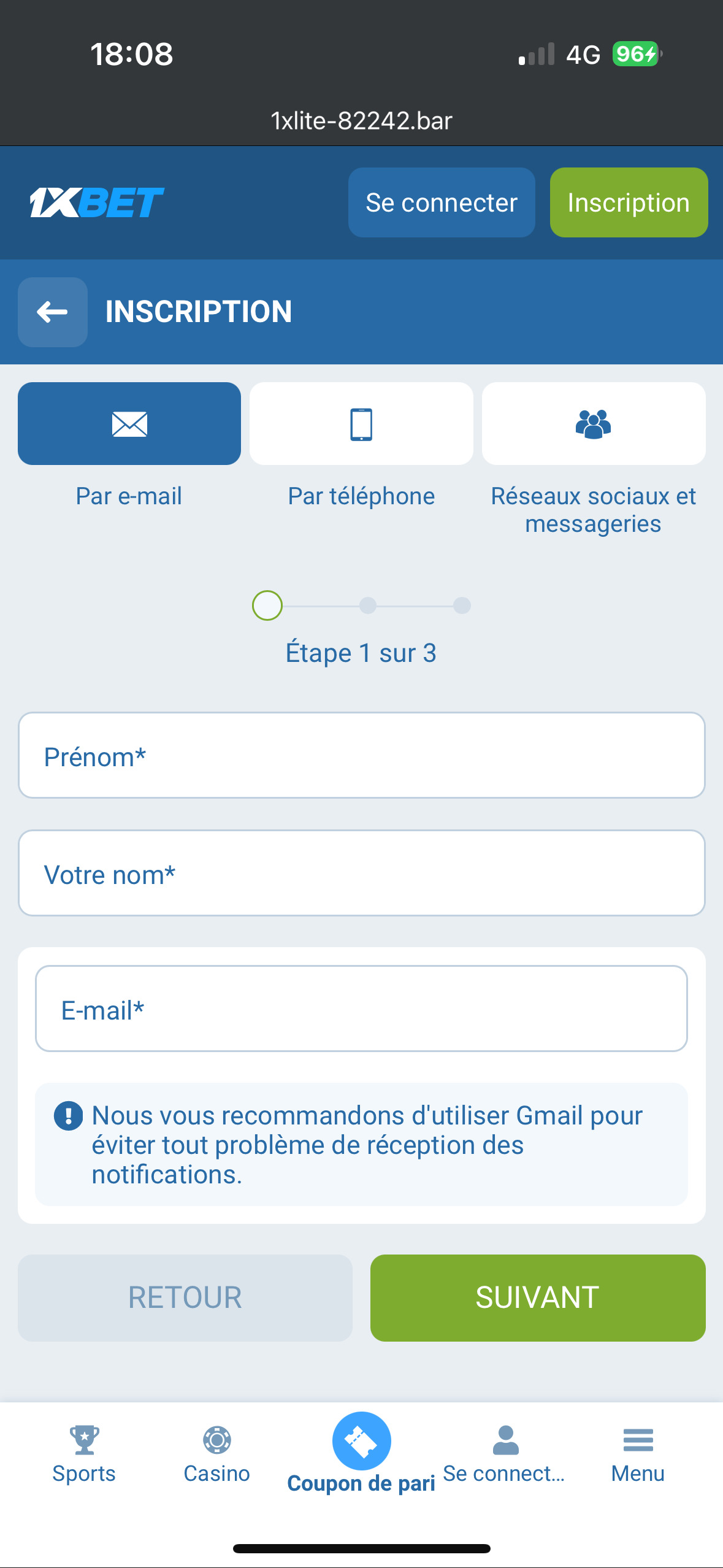 1xBet — onglet Par e-mail : étape 1 sur 3, prénom, nom, e-mail, recommandation Gmail