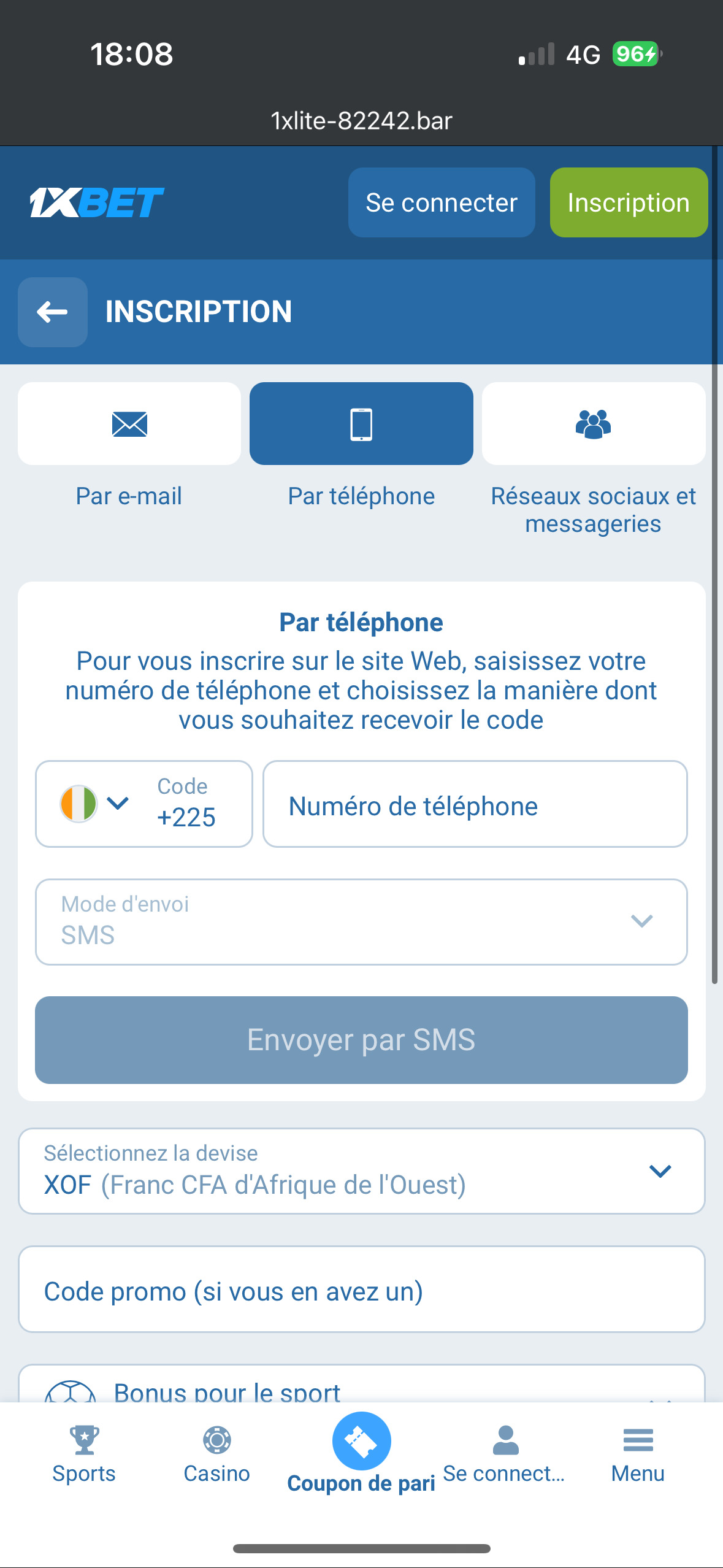 1xBet — inscription par téléphone : indicatif, SMS, devise XOF, code promo
